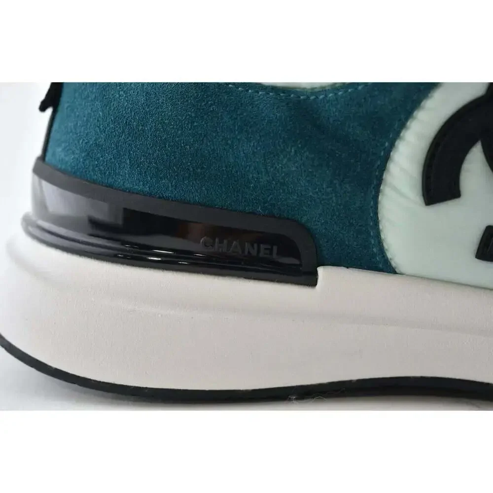 Chanel 21P Blue Green Black Suede CC Lace Up Flat Runner Trainer Sneaker 40.5 - Picture 4 of 9